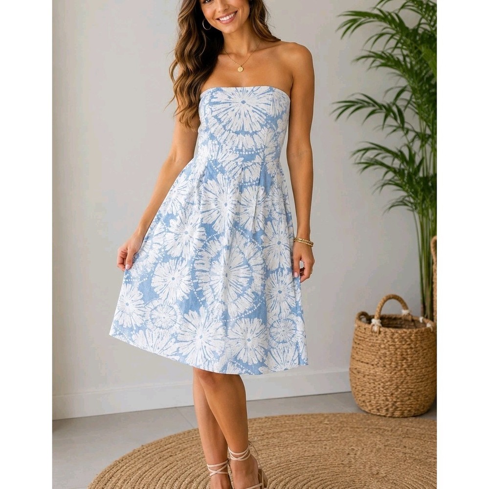 Fossil Strapless Floral Cotton Sundress Blue White Midi Dress Size M - Picture 1 of 10